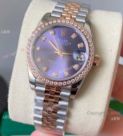Swiss Faux Rolex Datejust 31mm Purple Dial with Diamond Bezel Jubilee Bracelet